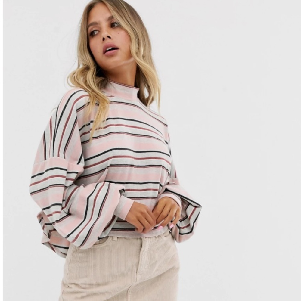 Free People Pink Striped Mock Neck Top